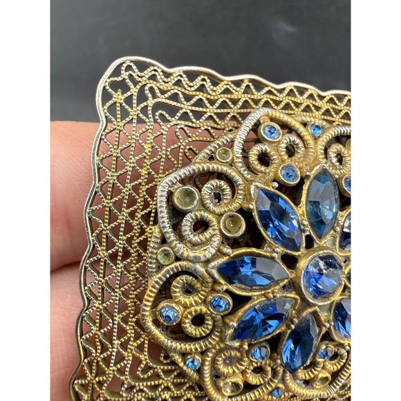 Vintage Filigree Brooch Blue Rhinestones Square Gold Tone - Picture 2 of 8
